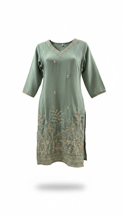 Sage Green Embroidered Kurta Set with Palm Motif