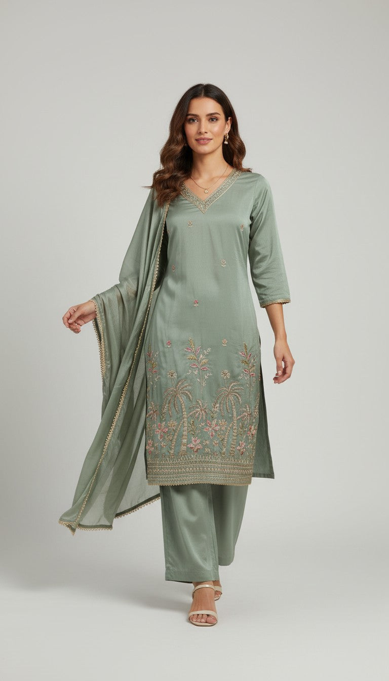 Sage Green Embroidered Kurta Set with Palm Motif