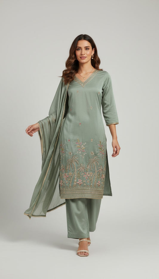 Sage Green Embroidered Kurta Set with Palm Motif