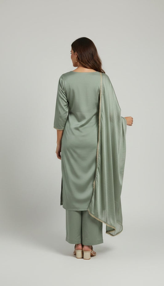 Sage Green Embroidered Kurta Set with Palm Motif
